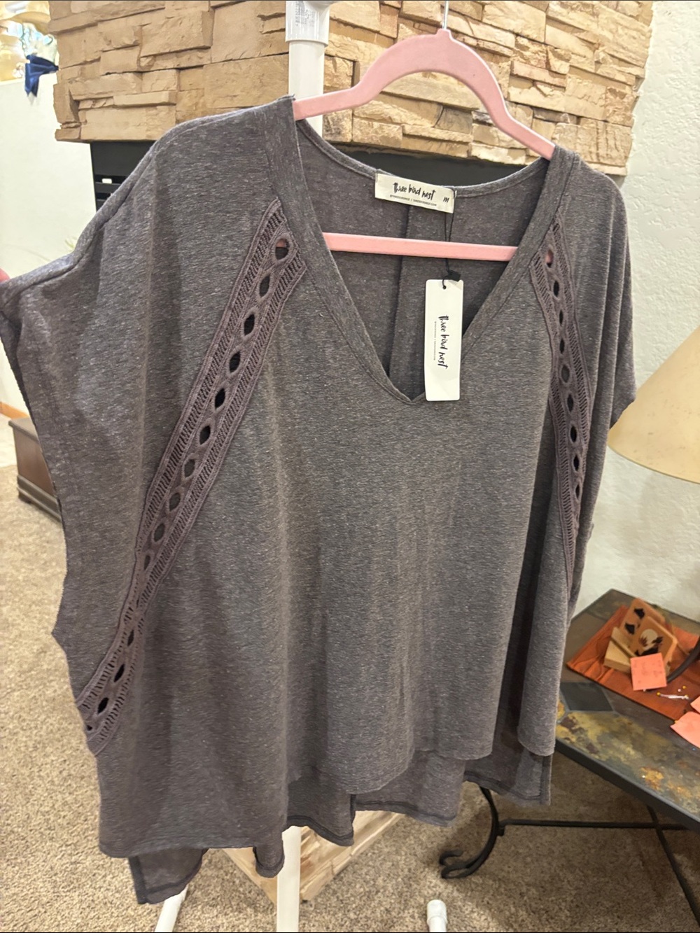 NEW Three Bird Nest Heather Gray V-Neck Crochet Panel Tunic